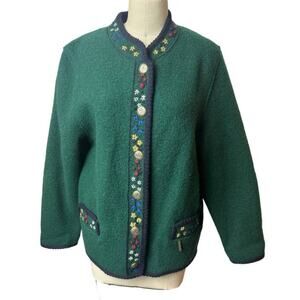 Lanamoden Saltzburg Green Floral Pure Wool Woven Jacket Cardigan Womens Size L
